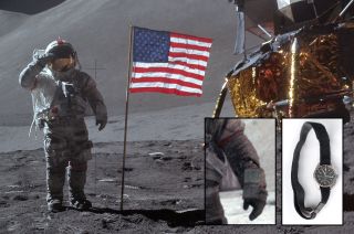 Apollo 15 commander David Scott salutes the U.S. flag he helped plant on the moon in July 1971. On Scott's left arm is seen the only privately-owned watch to be worn on the lunar surface.