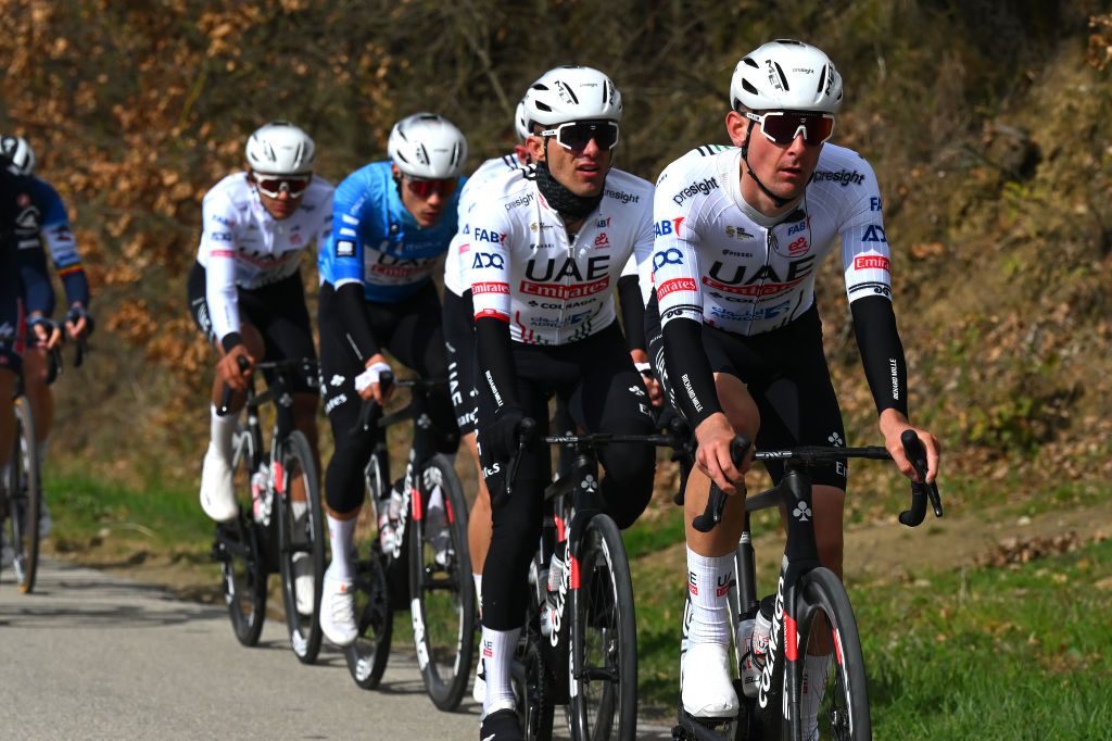 GUALDO TADINO ITALY MARCH 06 Michael Vink of New Zealand and UAE Emirates Team leads the peloton during the 59th TirrenoAdriatico 2024 Stage 3 a 225km stage from Volterra to Gualdo Tadino 527m UCIWT on March 06 2024 in Gualdo Tadino Italy Photo by Tim de WaeleGetty Images
