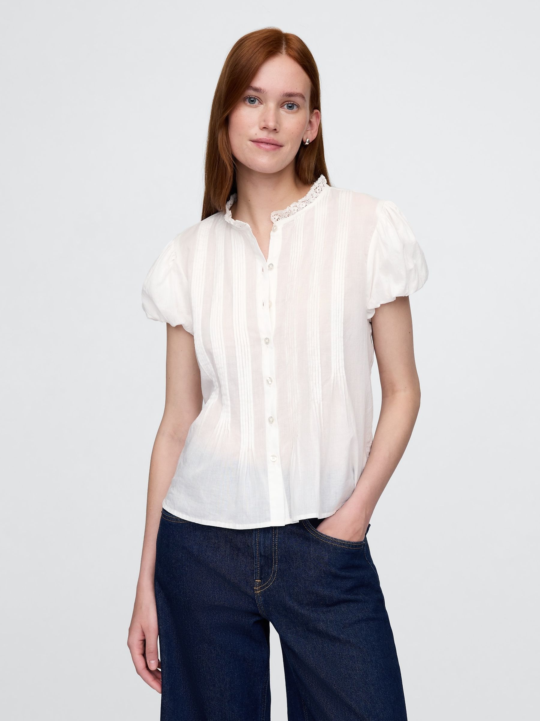 White Cotton Button Through Bubble-Sleeve Top