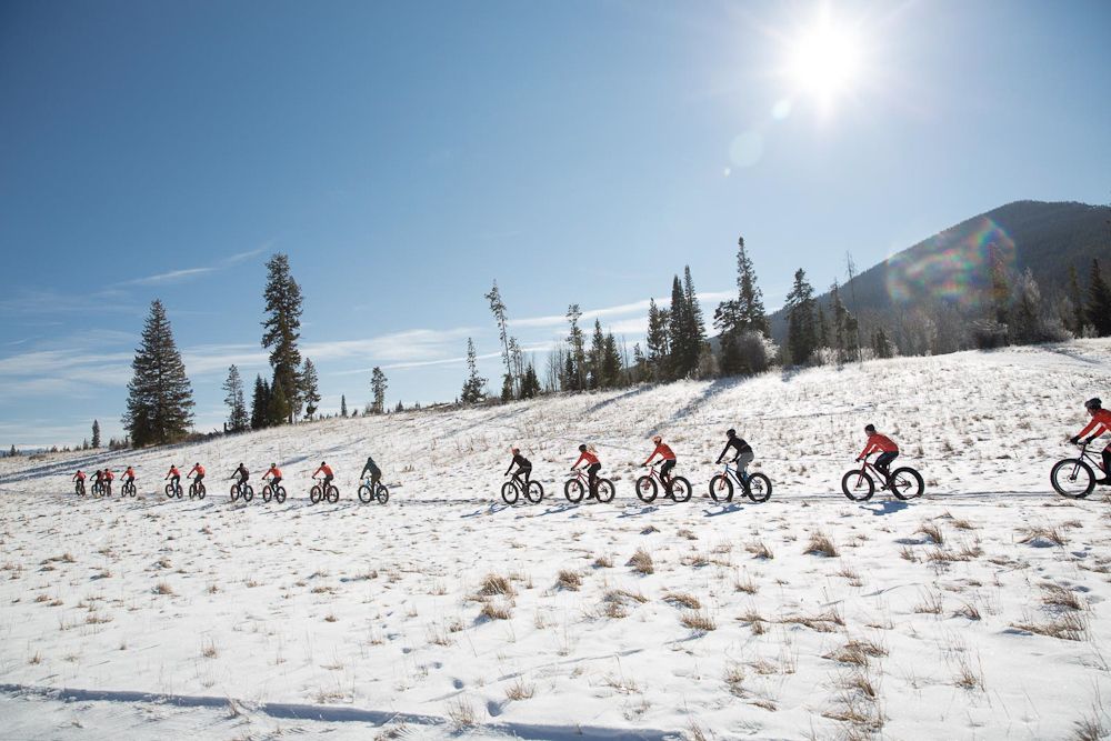 Riders head out into the snow at the Rally winter camp.