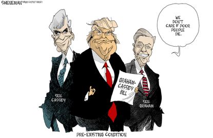 Political cartoon U.S. GOP Obamacare repeal Graham Cassidy pre-existing condition