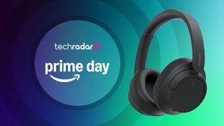 Sony WH-CH720N on multicolored background with the words 'TechRadar: Prime Day' positioned on the left side