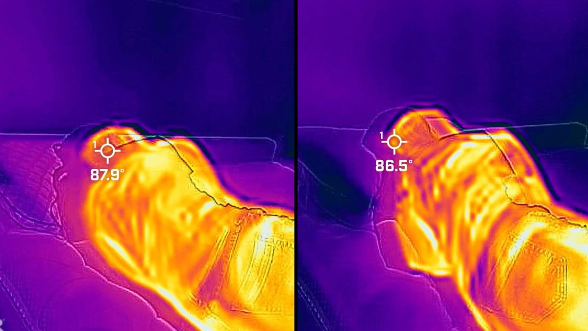 On the left, tester Frances lies on the Helix Cooling Memory Foam Pillow. After 15 minutes, the temperature is 87.9. On the right, tester Frances lies on the Hotel Collection Pillow. After 15 minutes, the temperature is 86.5