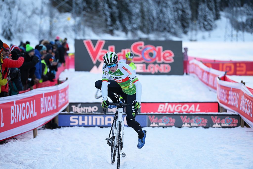 VAL DI SOLE ITALY DECEMBER 10 Toon Vandebosch of Belgium and Team CrelanCorendon competes during the 3rd UCI Cyclocross World Cup Val di Sole 2023 Mens Elite on December 10 2023 in Val di Sole Italy Photo by Dario BelingheriGetty Images
