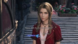 The dialogue wheel appears during a conversation with Aerith
