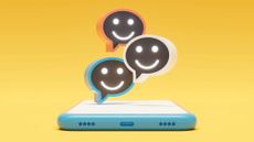 Three smiley AI chatbot icons emerging from a mobile phone