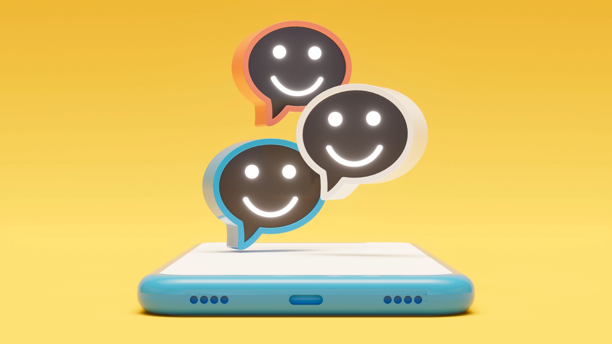 Three smiley AI chatbot icons emerging from a mobile phone