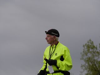 David Blase, aka the "real" Dave Stoller, watches the race from the podium, timing the laps