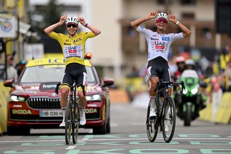 The final overall winner, Tadej Pogacar of Slovenia and - Yellow Leader Jersey and Isaac Del Toro of Mexico and UAE Team Emirates - XRG - White best Young Rider Jersey and third place winner celebrate at the finish line during the 113th Tour de France 2026, Stage 20 a 170.9km stage from Le Bourg d'Oisans to Alpe d'Huez 1842m / #UCIWT / on July 25, 2026 in Alpe d'Huez, France. (Photo by Luc Claessen/Getty Images)