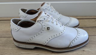 FootJoy Wilcox shoes seen indoors with shoe trees