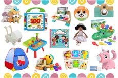 Collage showing the best toys for 18 month olds, including dolls, balls, wooden toys, sensory toys, play tents and more