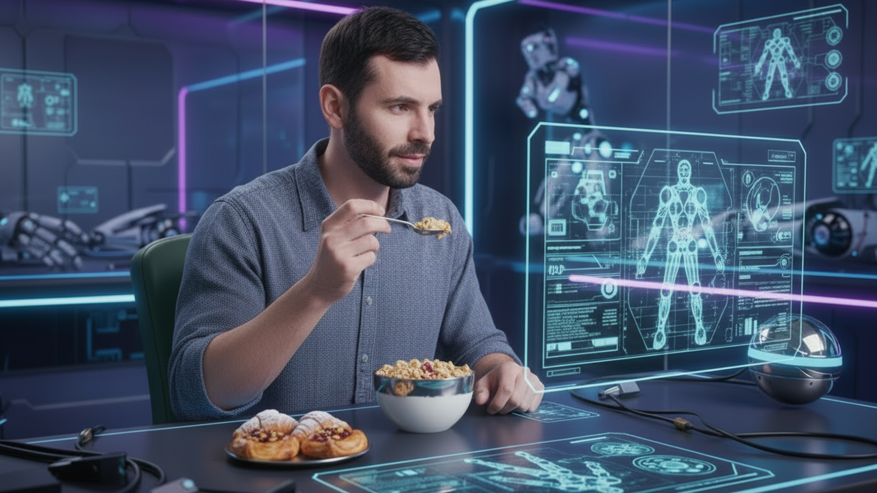 A person eating cereal against a color background