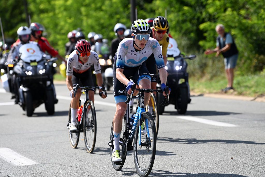 BELLEVILLEENBEAUJOLAIS FRANCE JULY 13 Matteo Jorgenson of The United States and Movistar Team compete in the chase group during the stage twelve of the 110th Tour de France 2023 a 1688km stage from Roanne to Belleville en Beaujolais UCIWT on July 13 2023 in Belleville en Beaujolais France Photo by Tim de WaeleGetty Images