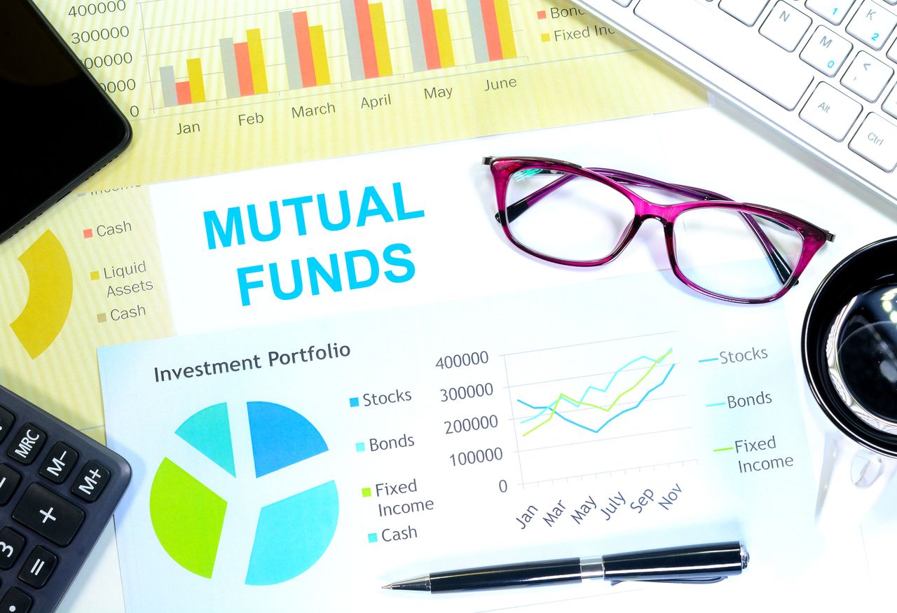 A graphic of financial statements and charts including the words &quot;mutual funds.&quot;