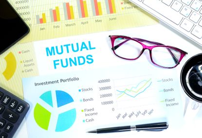 A graphic of financial statements and charts including the words "mutual funds."