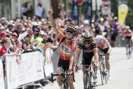 Elizabeth Armitstead celebrates her win at the Philadelphia International Cycling Classic women's World Cup.