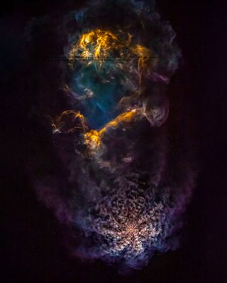 In this view of a SpaceX Falcon Heavy launch, the two stages are more pronounced, with the rocket's second stage producing the incredible purple spirals at the bottom of the image.