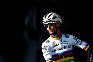  Julian Alaphilippe of France and Team QuickStep Alpha Vinyl during the team presentation prior to the 108th Liege Bastogne Liege 2022 