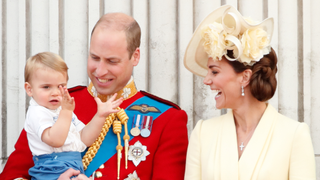 Prince William, Duke of Cambridge, Catherine, Duchess of Cambridge and Prince Louis of Cambridge watch a flypast from the balcony of Buckingham Palace during Trooping The Colour, the Queen's annual birthday parade, on June 8, 2019 in London, England