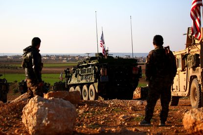 A convoy of U.S. armored vehicles near the western outskirts of Manbij, Syria, on March 5, 2017.