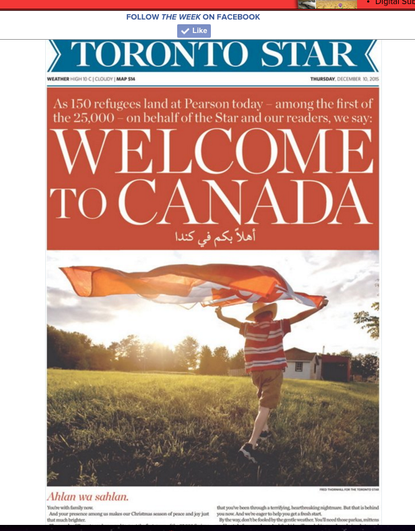 Toronto Star cover welcoming refugees to Canada.