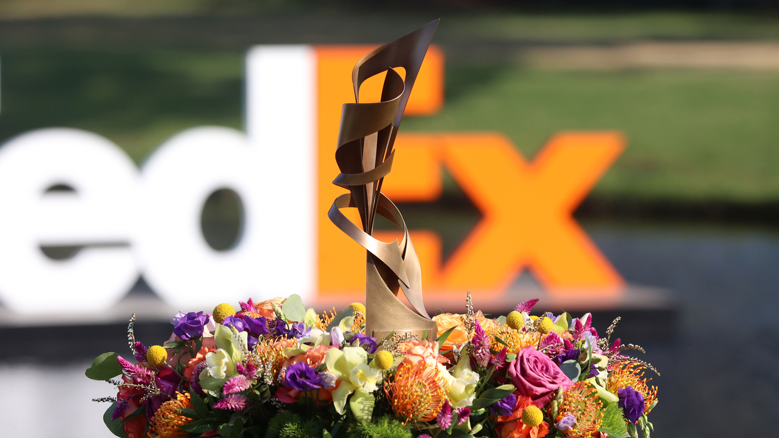 The FedEx St. Jude Championship trophy on a stool