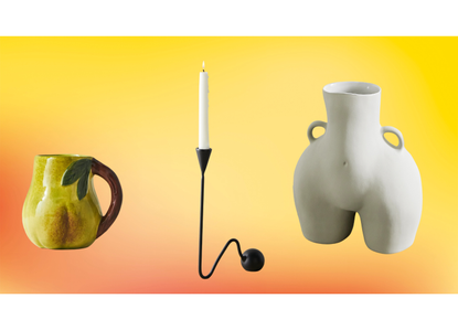 a pear mug, bodyshape vase, and an orb candlestick on a bright background