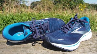 Pair of Brooks Ghost 14 running shows, with one upright and one on its side