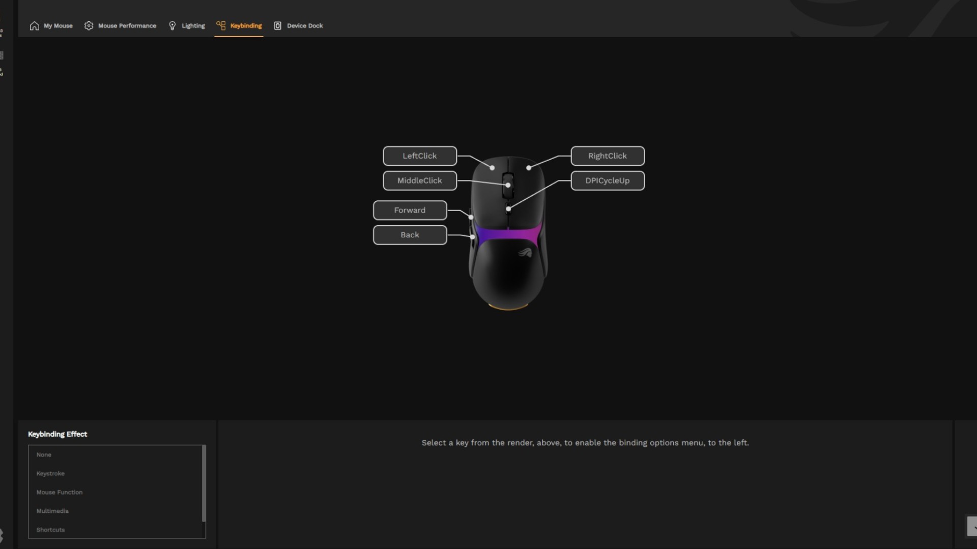 Glorious Core software showing keybinding options on Glorious Model O 3 Wireless