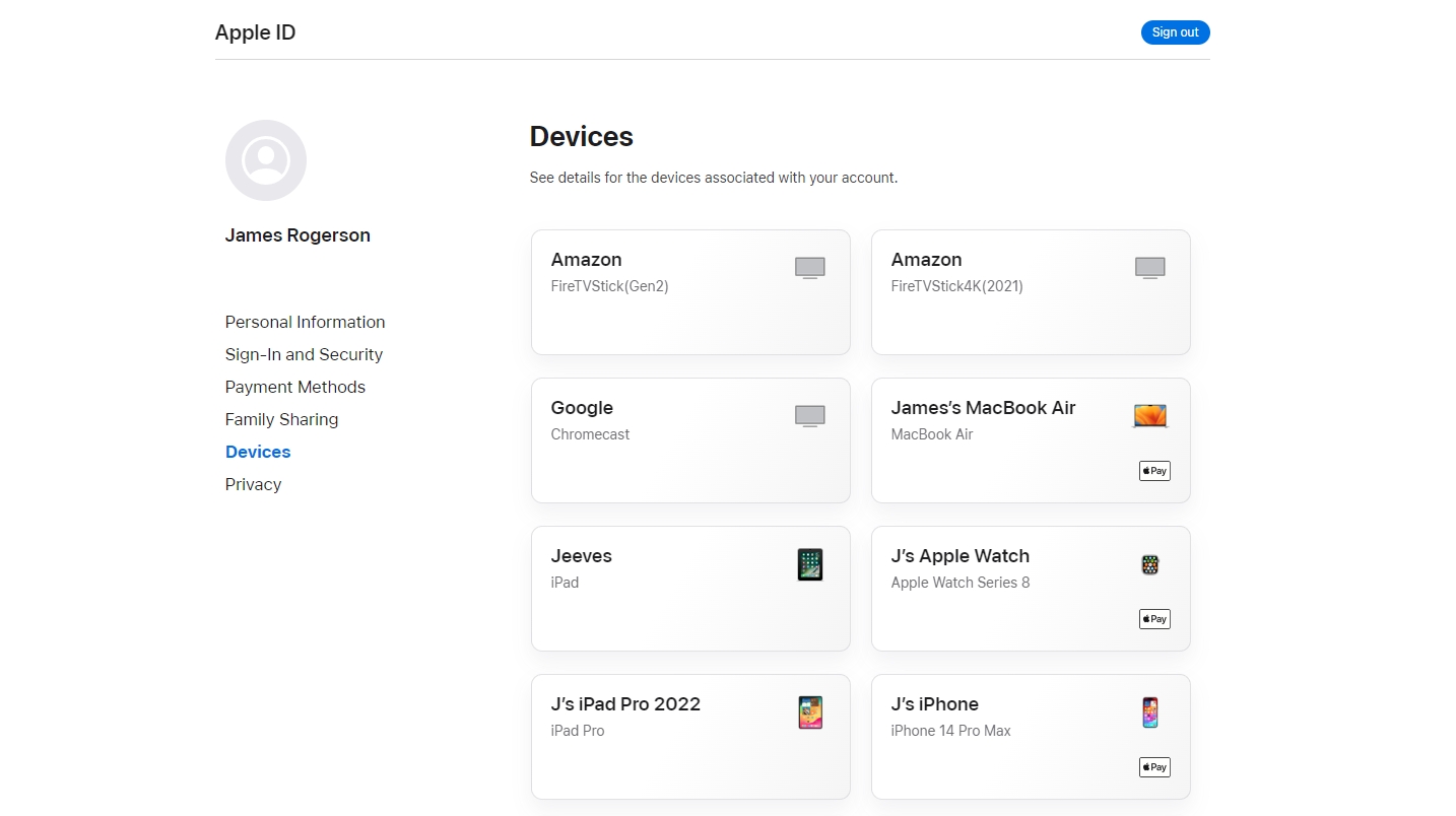 A screenshot of the Devices menu in an Apple account