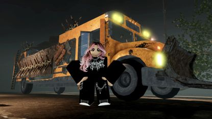 A pink-haired character stands in front of a modified school bus in Last Stop on Roblox.