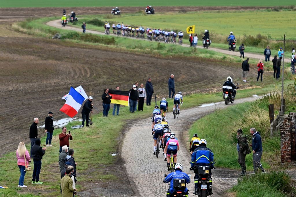 Illustration picture shows the pack of riders in action during the first edition of the women elite race of the ParisRoubaix cycling event 1165km from Denain to Roubaix France on Saturday 02 October 2021 BELGA PHOTO ERIC LALMAND Photo by ERIC LALMANDBELGA MAGAFP via Getty Images