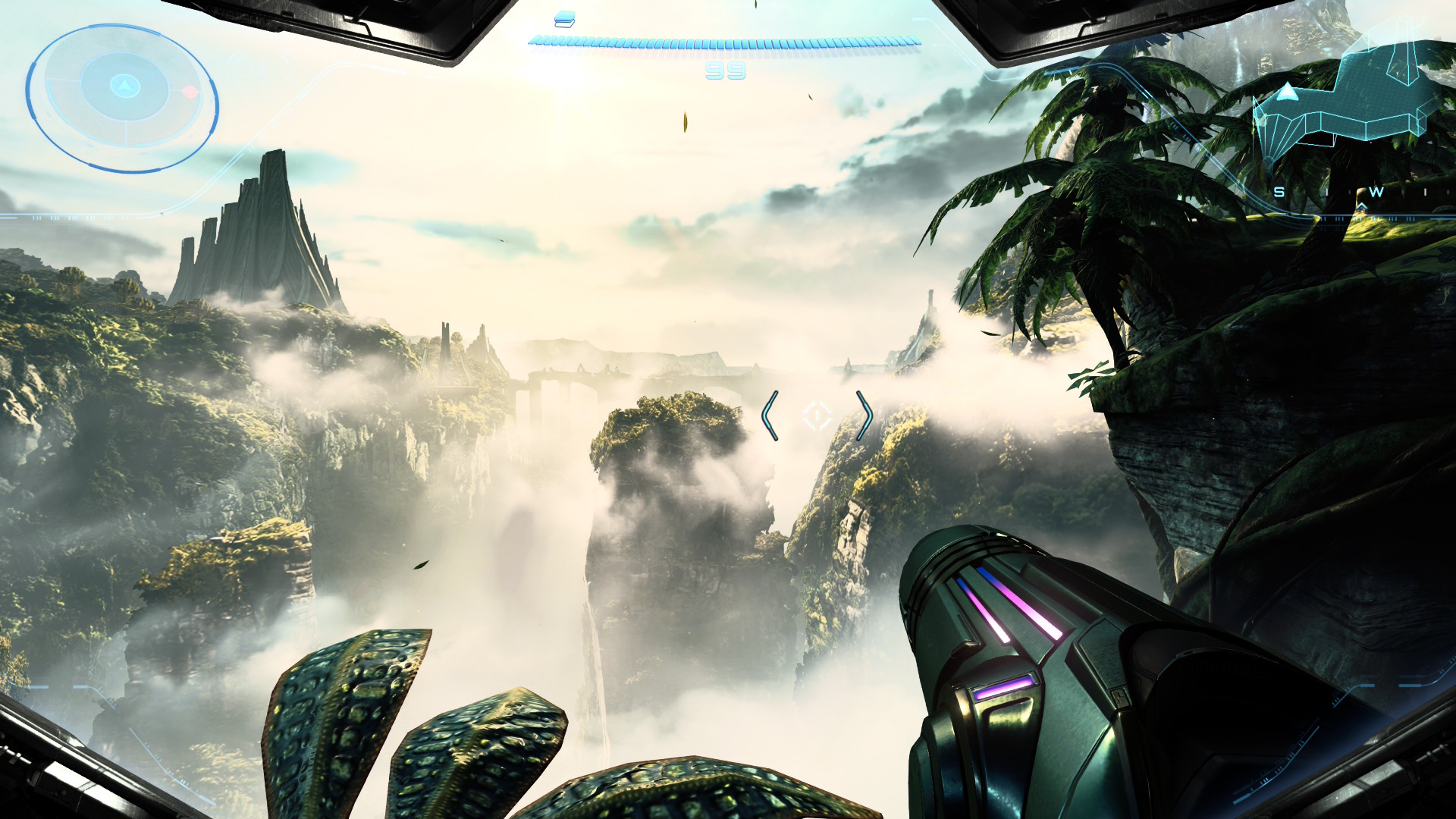 Samus looks out across Fury Green, a lush jungle, in Metroid Prime 4: Beyond