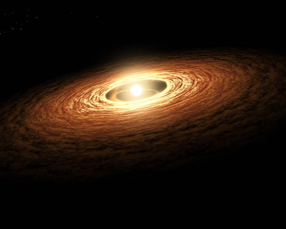 Artist’s concept showing a young sun-like star surrounded by a planet-forming disk of gas and dust. 