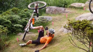 Mathieu van der Poel crashes on the opening lap of the mountain bike race