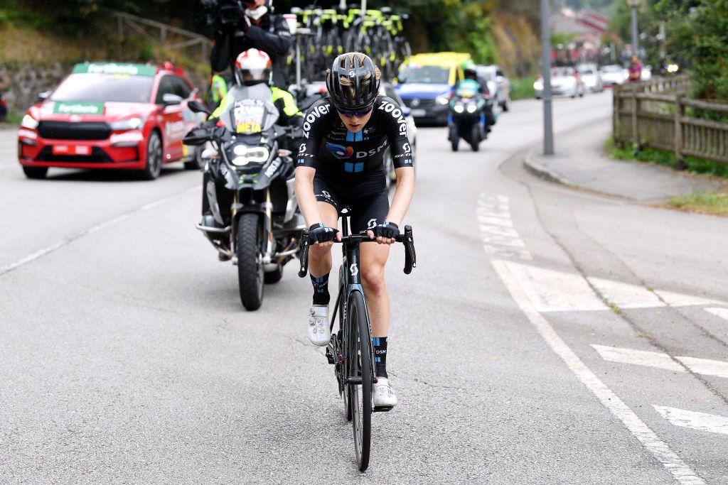 ALTU DEL GAMONITEIRU SPAIN SEPTEMBER 02 Michael Storer of Australia and Team DSM competes in the breakaway during the 76th Tour of Spain 2021 Stage 18 a 1626km stage from Salas to Altu dEl Gamoniteiru 1770m lavuelta LaVuelta21 on September 02 2021 in Altu dEl Gamoniteiru Spain Photo by Tim de WaeleGetty Images