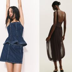 Models wear Zara and H&M clothing. First model wears asymmetrical matching skirt set. Second wears a denim mini skirt set. Lasts wears a brown bubble midi dress.