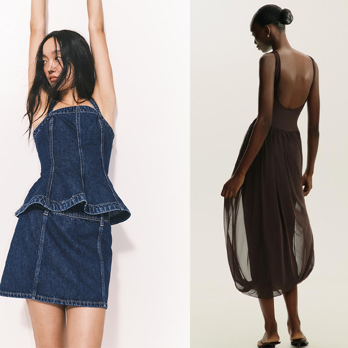 Models wear Zara and H&M clothing. First model wears asymmetrical matching skirt set. Second wears a denim mini skirt set. Lasts wears a brown bubble midi dress.