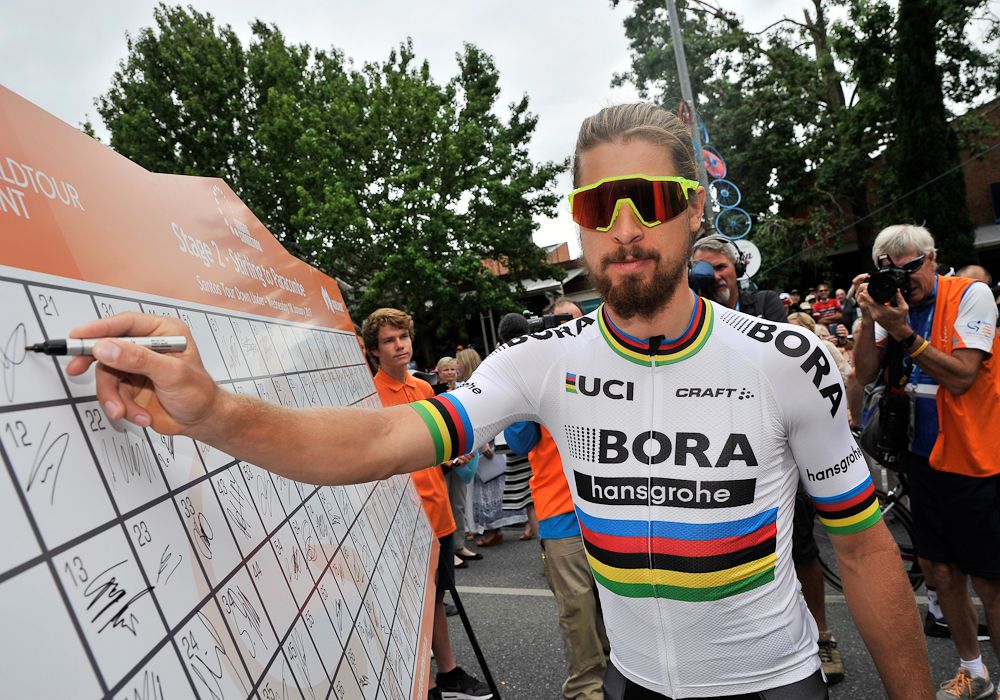 Peter Sagan of German team Bora-Hansgrohe signs in before the start of the second stage of the Tour Down Under
