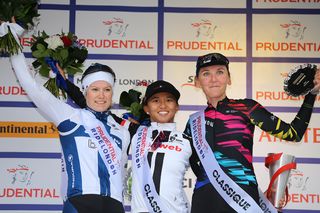 RideLondon Classique winner Coryn Rivera flanked by runner-up Lotta Lepistö and third-placed Lisa Brennauer