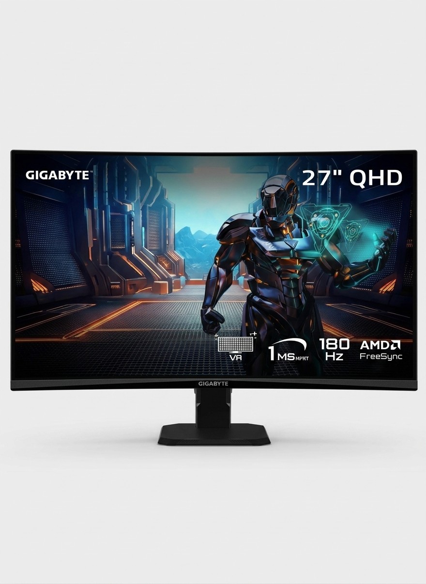 A Gigabyte GS27QCA gaming monitor on a grey background