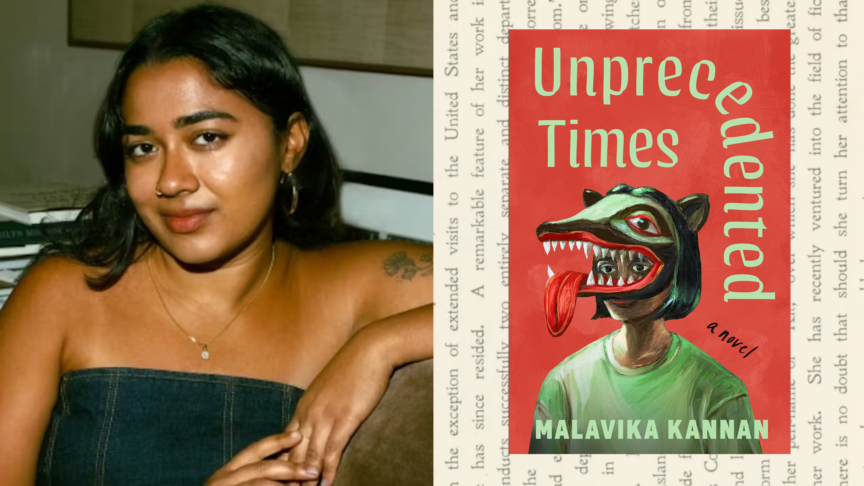 a split image of author malavika kannan posing while leaning against a chair and wearing a black tube top opposite the cover of her novel unprecedented times