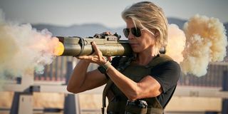 Sarah Connor fires a grenade launcher in Terminator Dark Fate
