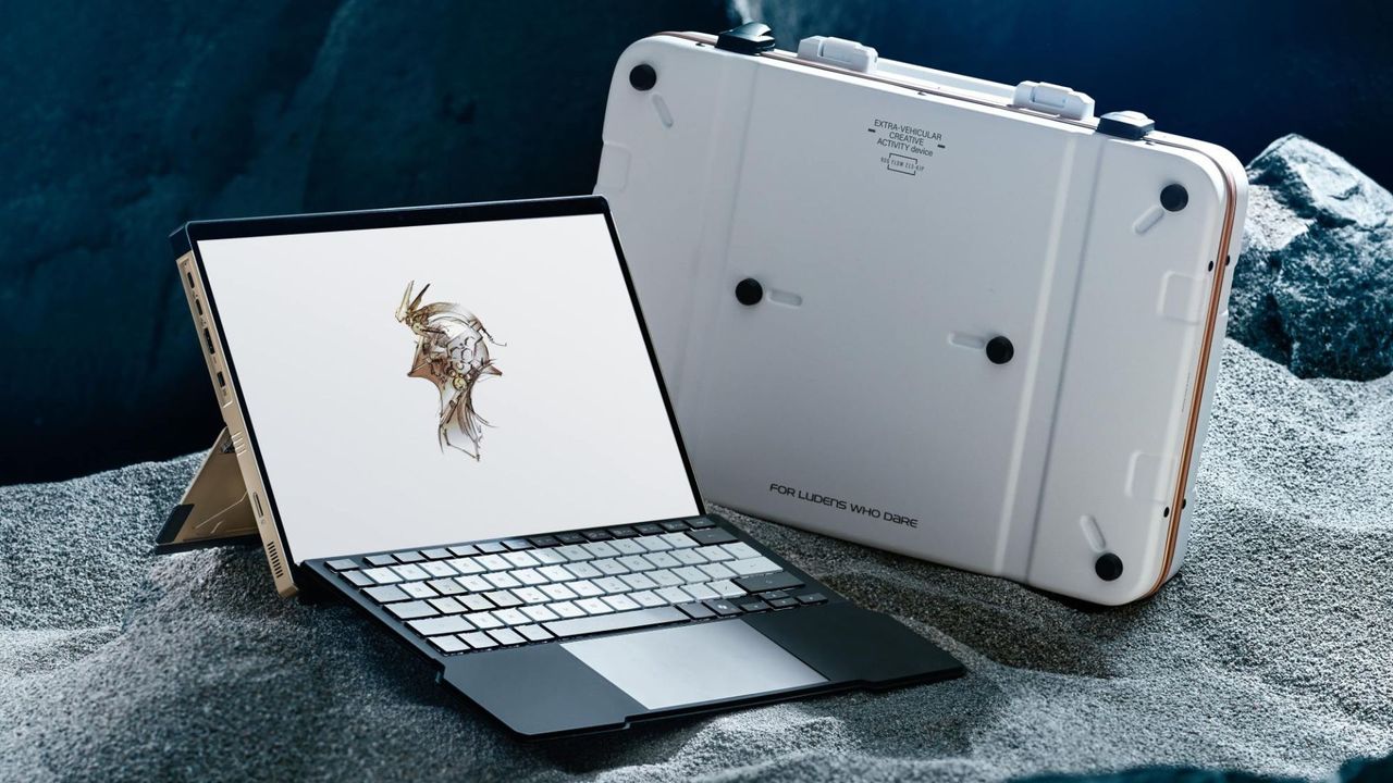 Asus x Kojima Productions gaming tablet and carry case on a rock