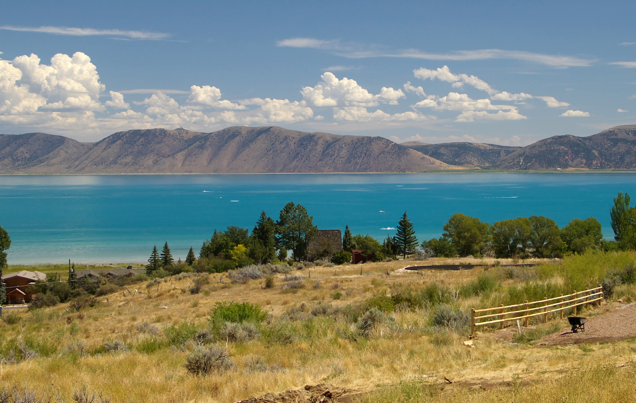 Blue water with mountains in the background at Bear Lake