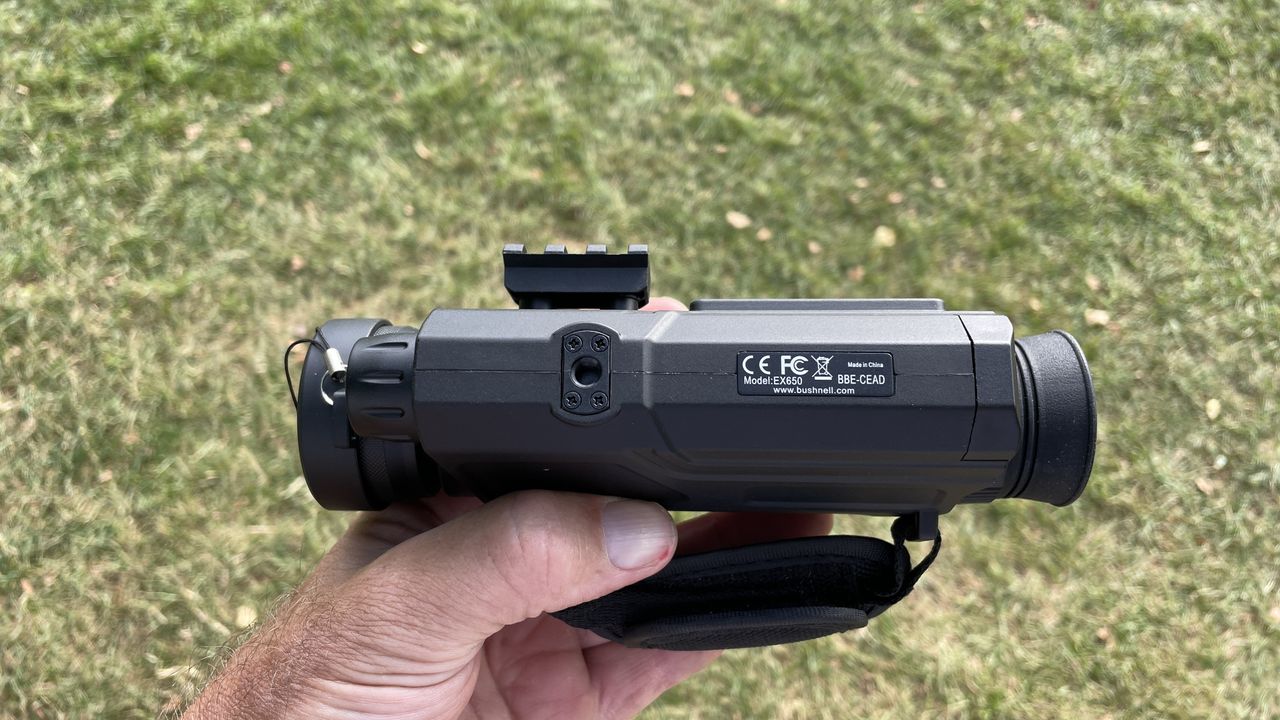 Bushnell Equinox X650 Digital Night Vision monocular, a close up of the tripod recess and Picatinny rail.