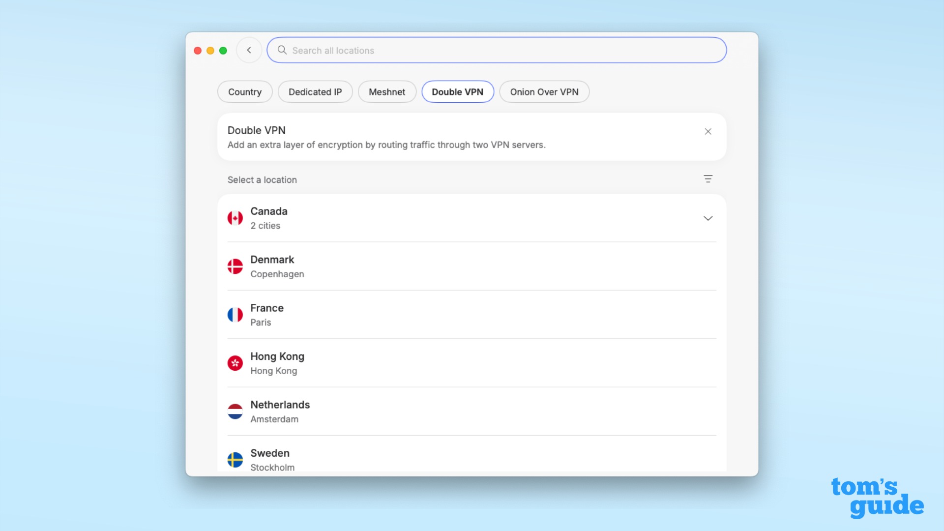 VPN server choice UI on 2026 Mac OS app