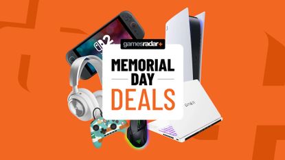 Gaming gadgets and console on an orange background with Memorial Day deals badge