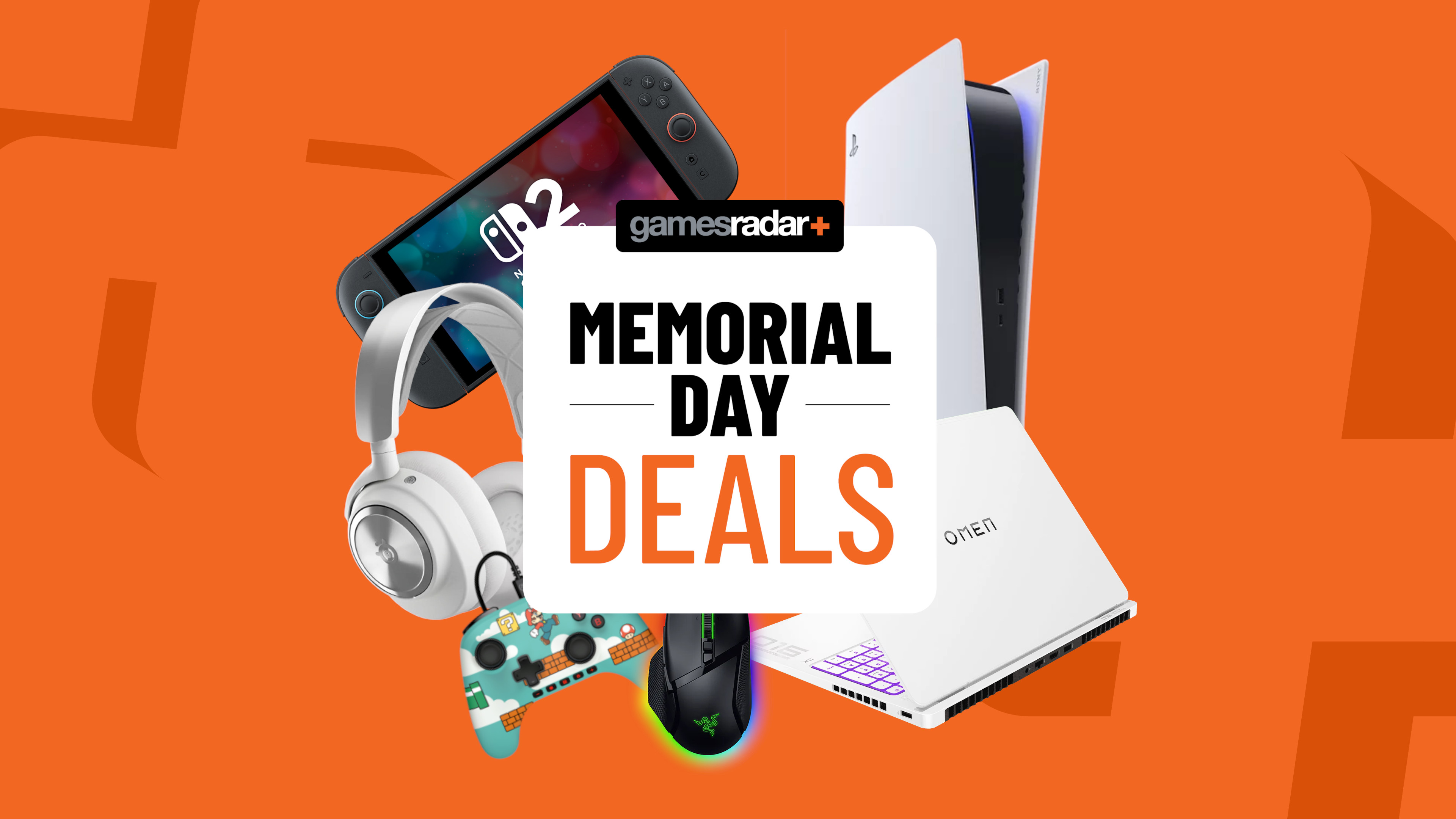 Gaming gadgets and console on an orange background with Memorial Day deals badge