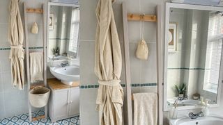 bathroom with a wooden towel storage ladder showing an alternative IKEA IVAR hack